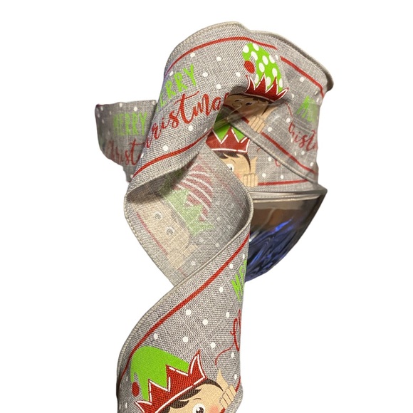 Merry Christmas Holiday Elf 100 Ft Spool Roll Ribbon Grey  Wired Edge 2.5” Bow - Picture 2 of 6